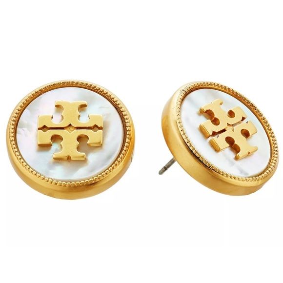 Tory Burch semiprecious ivory round button stud logo earrings - Picture 2 of 10